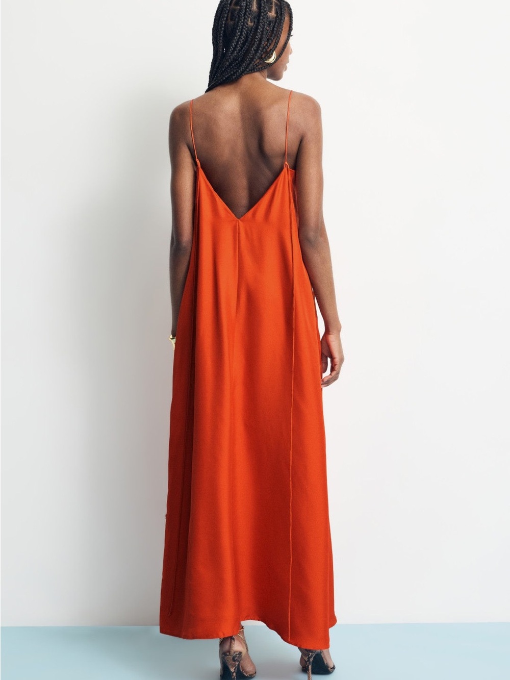 V-Neck Orange Slip Maxi Dress with Thin Straps - Picture 2 of 7